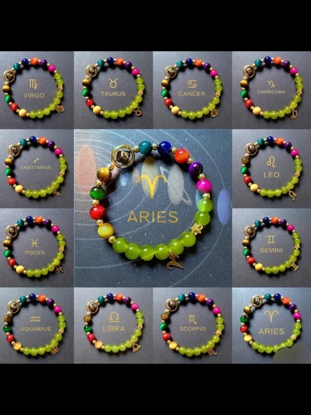 Aries Zodiac Multi-Color Beaded Bracelet with Lime Green Accent